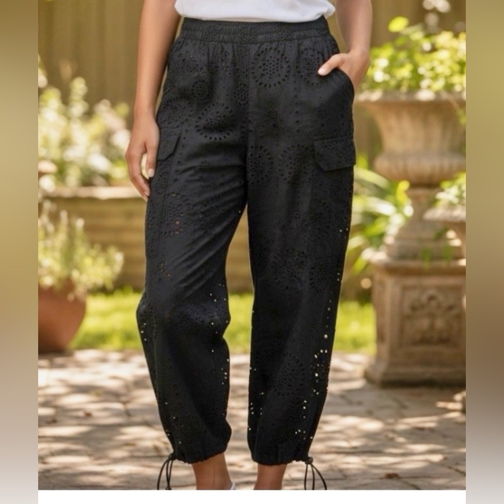 Christian Lacroix Black Allover Eyelet  Broderie Anglaise Cargo Joggers